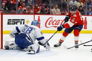 SUNRISE, FL - OCTOBER 21: Goaltender Andrei Vasilevskiy #88 of the Tampa Bay Lightning defends the net against the shot by Aleksander Barkov #16 of the Florida Panthers at the FLA Live Arena during an NHL game on October 21, 2022 in Sunrise, Florida. (Photo by Joel Auerbach/NHL Getty Images)
