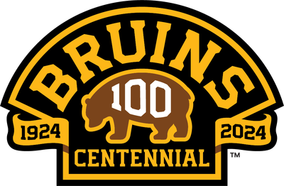 Bruins centennial logo with a brown bear with “100” on it in white letters, arched “Bruins” text, and the years 1924 and 2024 on either side of the bear. The word “centennial” is at the bottom.