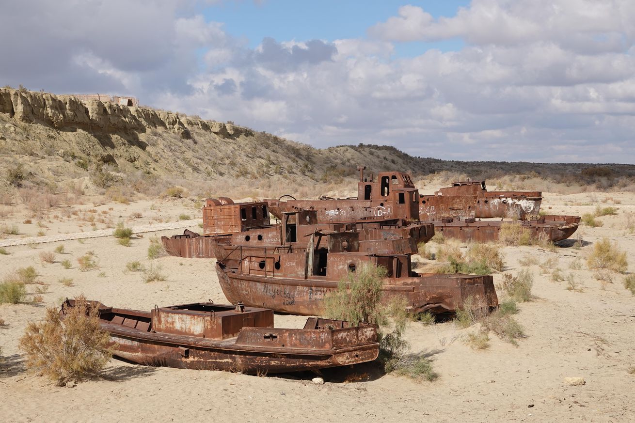 Aral Sea in Uzbekistan - ship graveyard in the sandy desert Aralkum