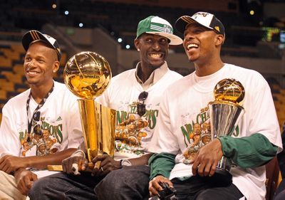 (061908BostonMAUSA).Ray Allen, Kevin Garnett and Paul Pierce at the event on the parquet floor before the parade.The Celtics celebrate their NBA championship with a parade through the streets of Boston (0619 2008. Staff photo by Nancy Lane)