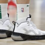 Feb 6, 2023; Detroit, Michigan, USA; A detailed view of the shoes worn by Boston Celtics forward Blake Griffin (91) in the second half against the Detroit Pistons at Little Caesars Arena. Mandatory Credit: Rick Osentoski-USA TODAY Sports