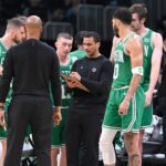 Apr 5, 2024; Boston, Massachusetts, USA; Boston Celtics head coach Joe Mazzulla works with the team during a timeout during the first half against the Sacramento Kings at TD Garden. Mandatory Credit: Eric Canha-USA TODAY Sports