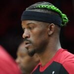 Jan 2, 2025; Miami, Florida, USA; Miami Heat forward Jimmy Butler (22) warms-up before the game against the Indiana Pacers at Kaseya Center. Mandatory Credit: Jim Rassol-Imagn Images