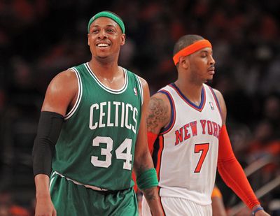 (042411 New York, NY) Boston Celtics small forward Paul Pierce is all smiles as he walks past New York Knicks small forward Carmelo Anthony in the third quarter of Game 4 of the NBA Eastern Conference Finals, Game 4 at Madison Square Garden Sunday, A