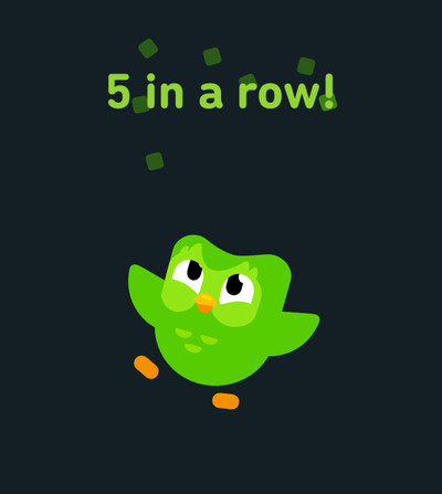 Duo, the Duolingo mascot, is a bright green owl who celebrates as the text says “5 in a row!”