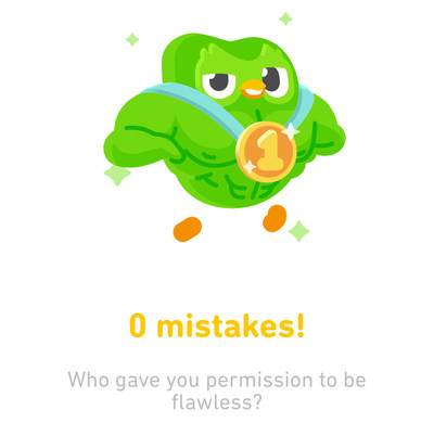 A shockingly muscular Duo wears a #1 medal while the text says “0 mistakes! Who gave you permission to be flawless?”